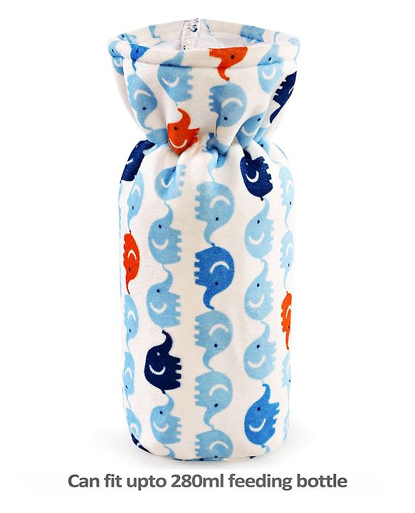 Babyhug Velour Feeding Bottle Cover Elephant Print Large Blue - Fits Upto 280 ml Bottle