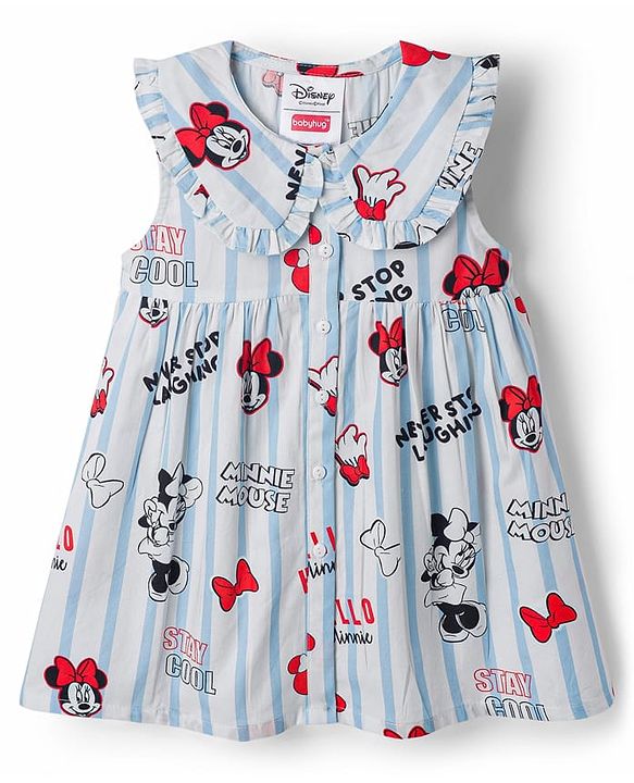 Babyhug Disney Cotton Woven Frock with Minnie Mouse Graphics Blue 6-9 Months