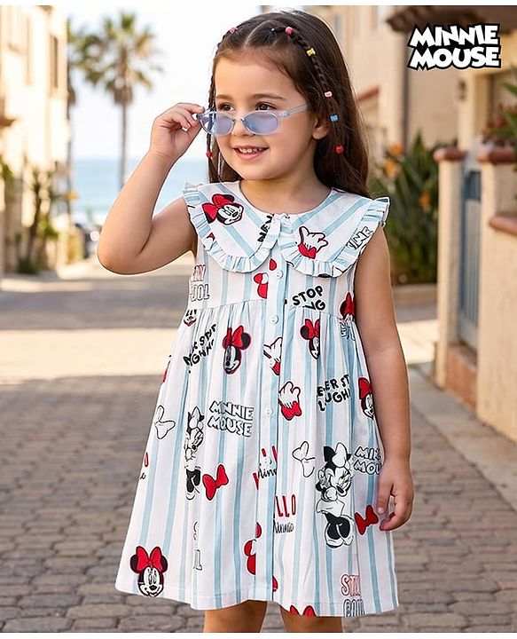 Babyhug Disney Cotton Woven Frock with Minnie Mouse Graphics Blue 6-9 Months