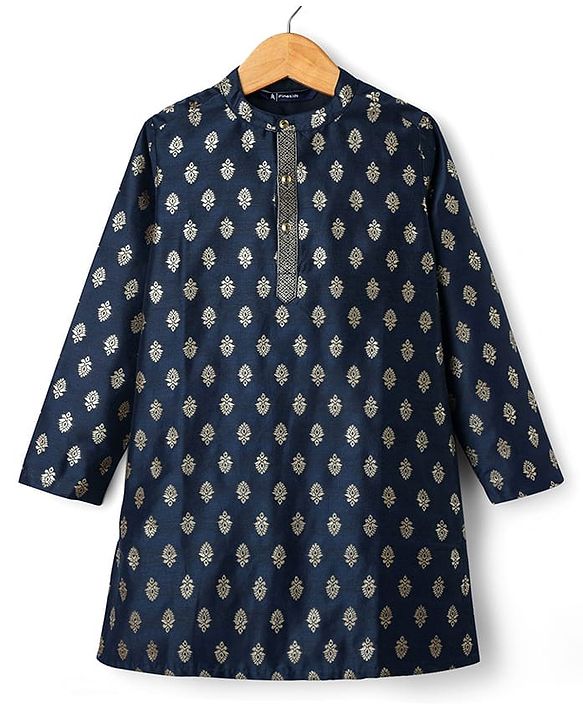 Pine Kids Woven Full Sleeves Floral Foil Printed Kurta & Pyjama Set - Navy Blue