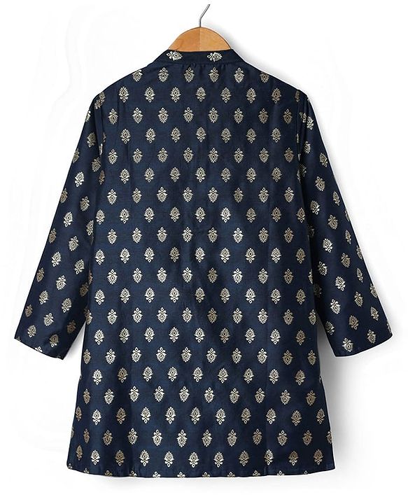 Pine Kids Woven Full Sleeves Floral Foil Printed Kurta & Pyjama Set - Navy Blue