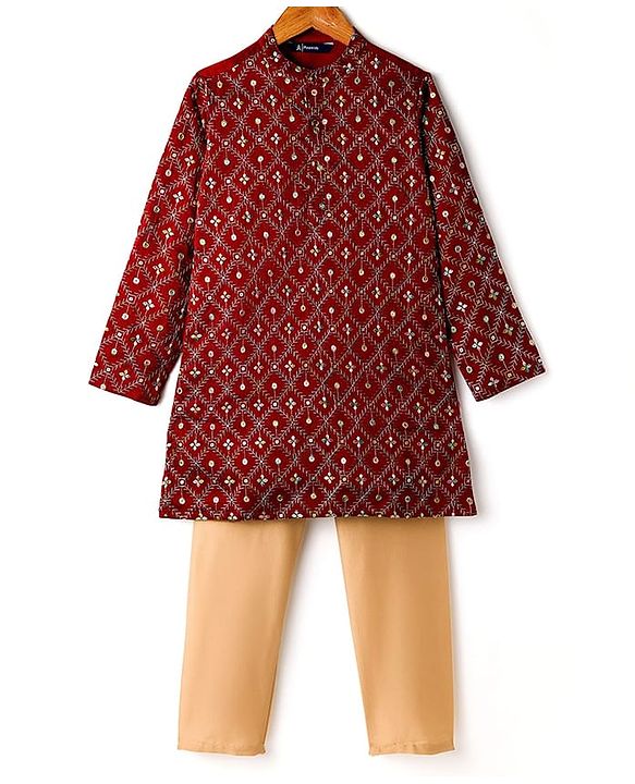 Pine Kids Woven Full Sleeves Floral Embroidered Kurta & Pyjama Set - Maroon