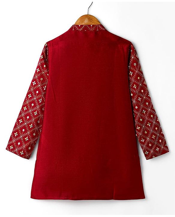 Pine Kids Woven Full Sleeves Floral Embroidered Kurta & Pyjama Set - Maroon