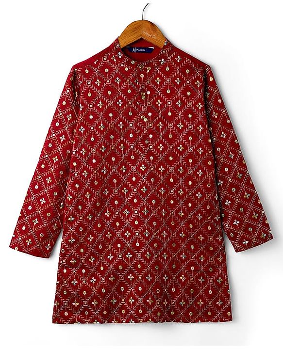 Pine Kids Woven Full Sleeves Floral Embroidered Kurta & Pyjama Set - Maroon