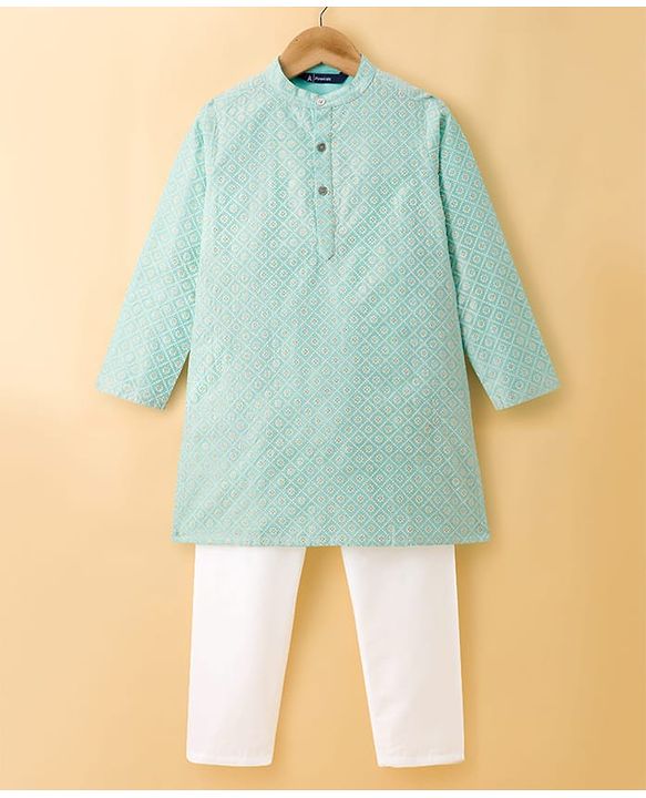 Pine Kids Woven Full Sleeves Kurta Pajama Set with Dot Design - Light Blue