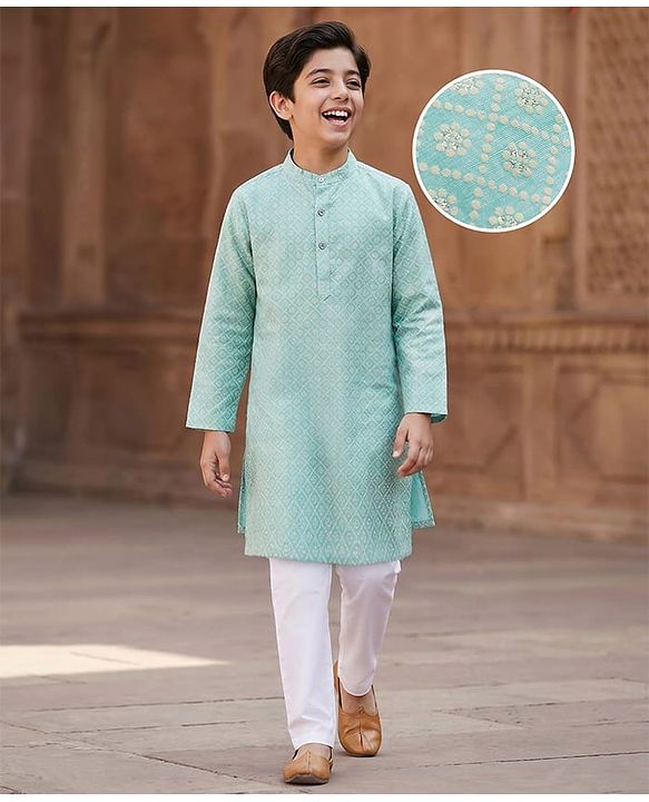 Pine Kids Woven Full Sleeves Kurta Pajama Set with Dot Design - Light Blue