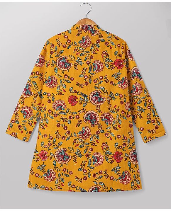 Pine Kids 100% Cotton Woven Full Sleeves Floral Printed Kurta & Pyjama Set -Mustard