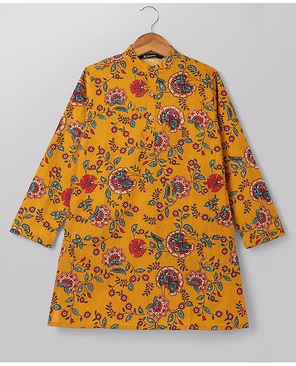 Pine Kids 100% Cotton Woven Full Sleeves Floral Printed Kurta & Pyjama Set -Mustard