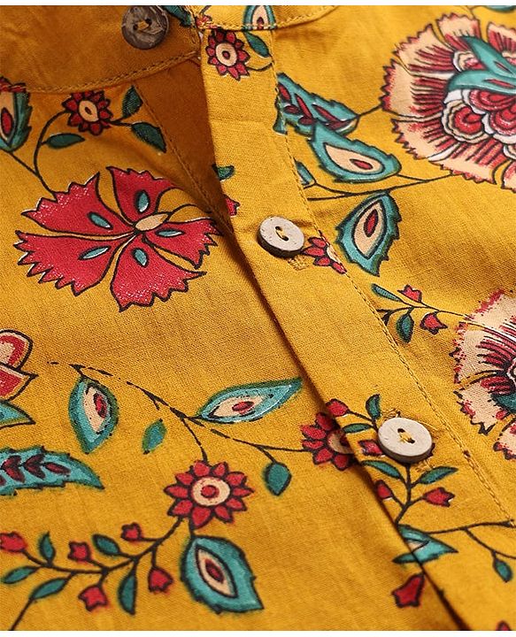 Pine Kids 100% Cotton Woven Full Sleeves Floral Printed Kurta & Pyjama Set -Mustard