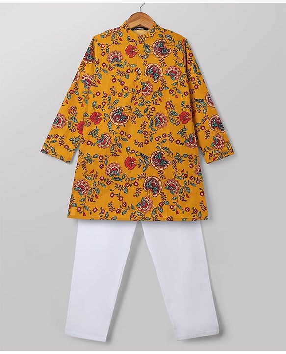 Pine Kids 100% Cotton Woven Full Sleeves Floral Printed Kurta & Pyjama Set -Mustard
