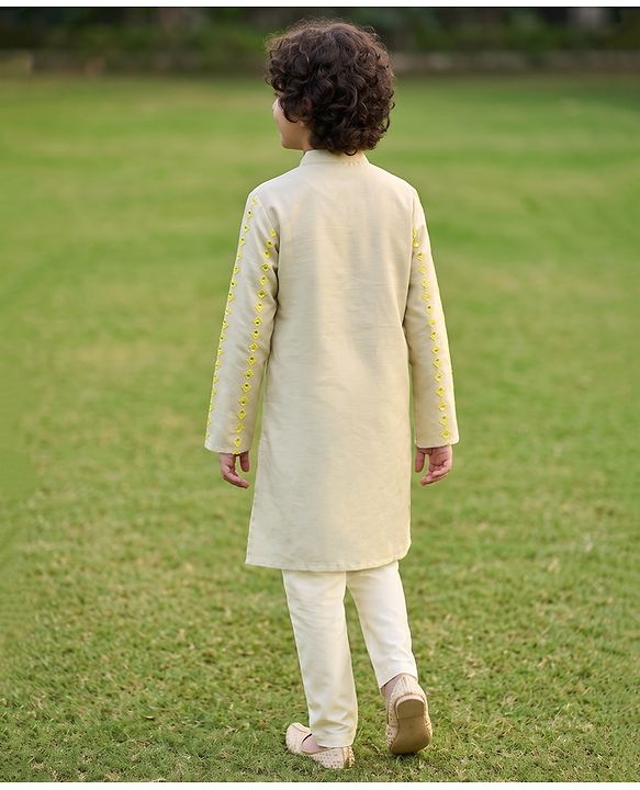 Pine Kids Woven Kurta Pyjama Set with Full Sleeves and Stripe Sequins in Grey for 4-5 Years
