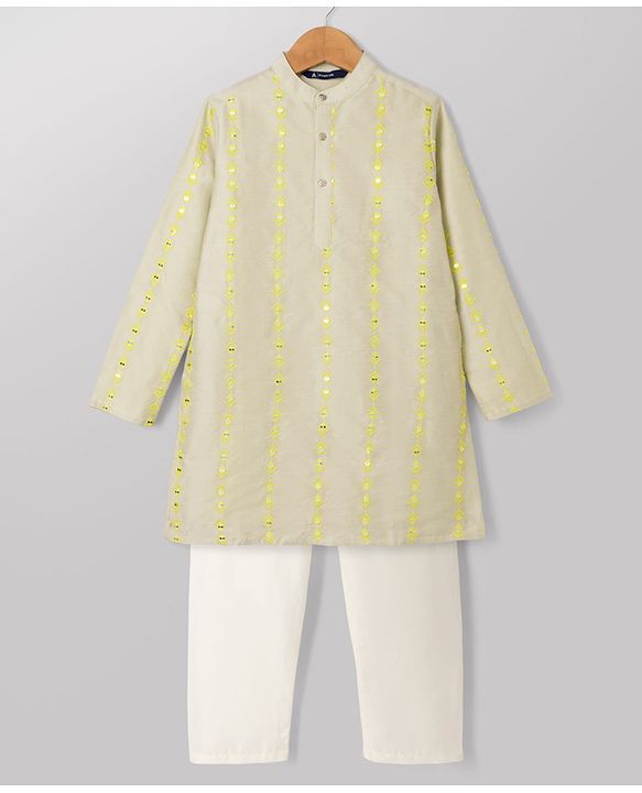Pine Kids Woven Kurta Pyjama Set with Full Sleeves and Stripe Sequins in Grey for 4-5 Years