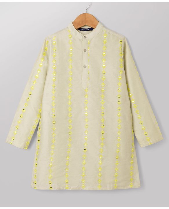 Pine Kids Woven Kurta Pyjama Set with Full Sleeves and Stripe Sequins in Grey for 4-5 Years