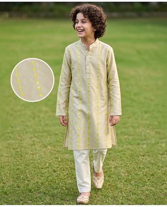 Pine Kids Woven Kurta Pyjama Set with Full Sleeves and Stripe Sequins in Grey for 4-5 Years