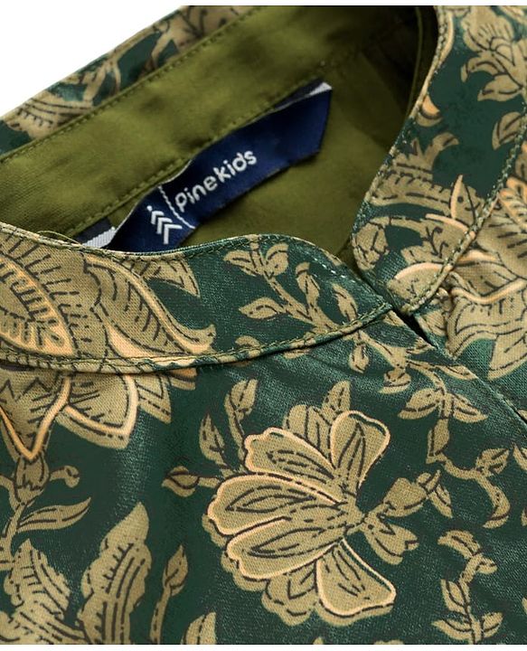 Pine Kids Woven Full Sleeves Kurta Pajama Set with Floral Printed Nehru Jacket - Olive