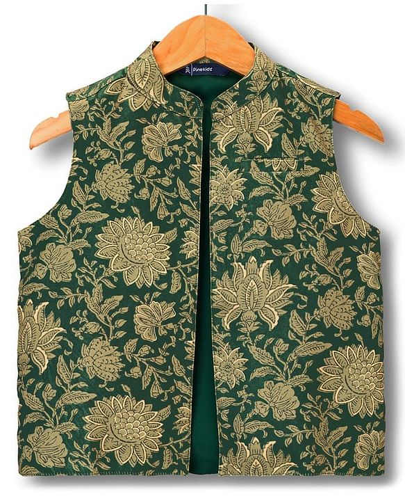 Pine Kids Woven Full Sleeves Kurta Pajama Set with Floral Printed Nehru Jacket - Olive