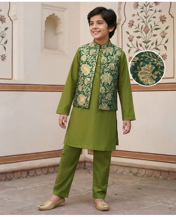 Pine Kids Woven Full Sleeves Kurta Pajama Set with Floral Printed Nehru Jacket - Olive