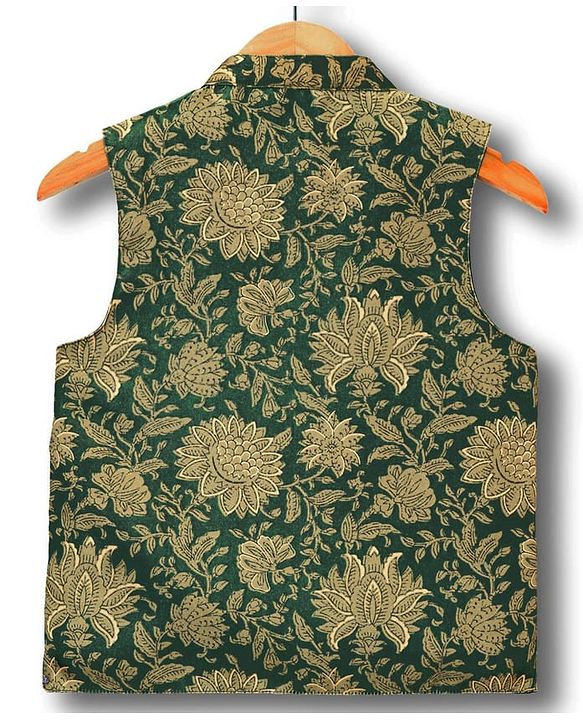 Pine Kids Woven Full Sleeves Kurta Pajama Set with Floral Printed Nehru Jacket - Olive