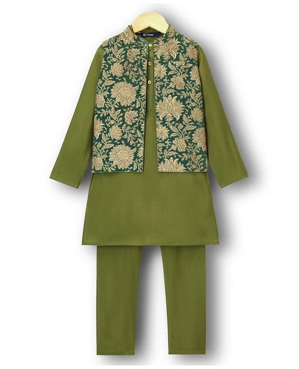 Pine Kids Woven Full Sleeves Kurta Pajama Set with Floral Printed Nehru Jacket - Olive