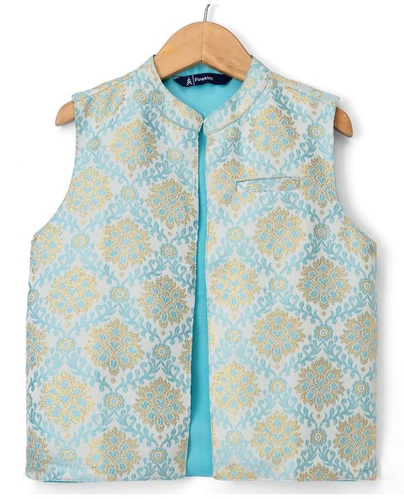 Pine Kids Woven Full Sleeves Solid Colour Kurta Pajama Set with Floral Brocade Nehru Jacket - Sky Blue
