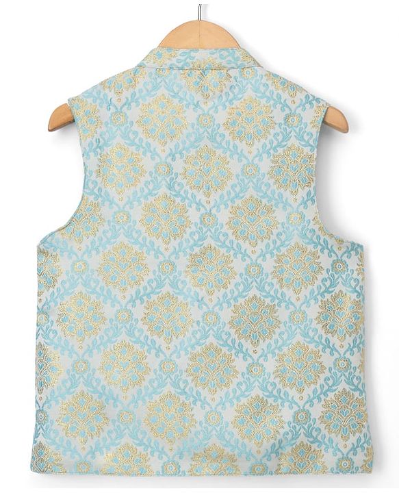 Pine Kids Woven Full Sleeves Solid Colour Kurta Pajama Set with Floral Brocade Nehru Jacket - Sky Blue