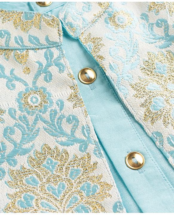 Pine Kids Woven Full Sleeves Solid Colour Kurta Pajama Set with Floral Brocade Nehru Jacket - Sky Blue