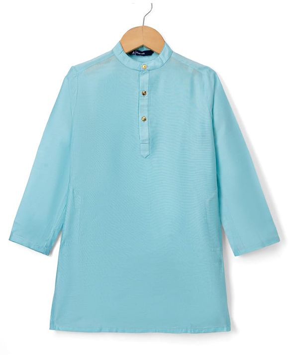 Pine Kids Woven Full Sleeves Solid Colour Kurta Pajama Set with Floral Brocade Nehru Jacket - Sky Blue