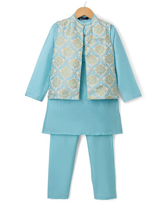 Pine Kids Woven Full Sleeves Solid Colour Kurta Pajama Set with Floral Brocade Nehru Jacket - Sky Blue