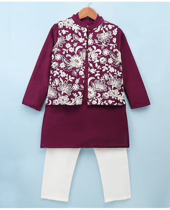 Pine Kids Woven Full Sleeves Kurta Pyjama Set With Floral Embroidered Jacket - Wine