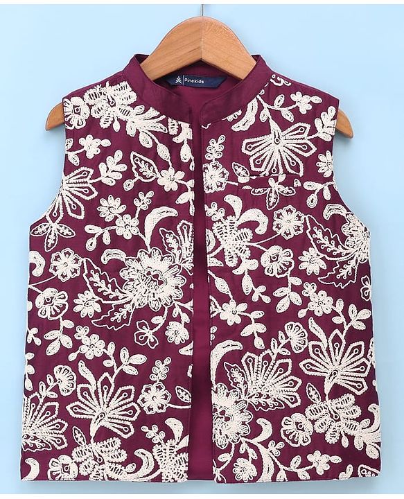 Pine Kids Woven Full Sleeves Kurta Pyjama Set With Floral Embroidered Jacket - Wine