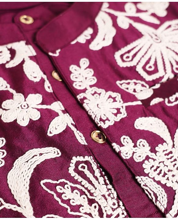 Pine Kids Woven Full Sleeves Kurta Pyjama Set With Floral Embroidered Jacket - Wine