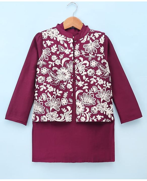 Pine Kids Woven Full Sleeves Kurta Pyjama Set With Floral Embroidered Jacket - Wine