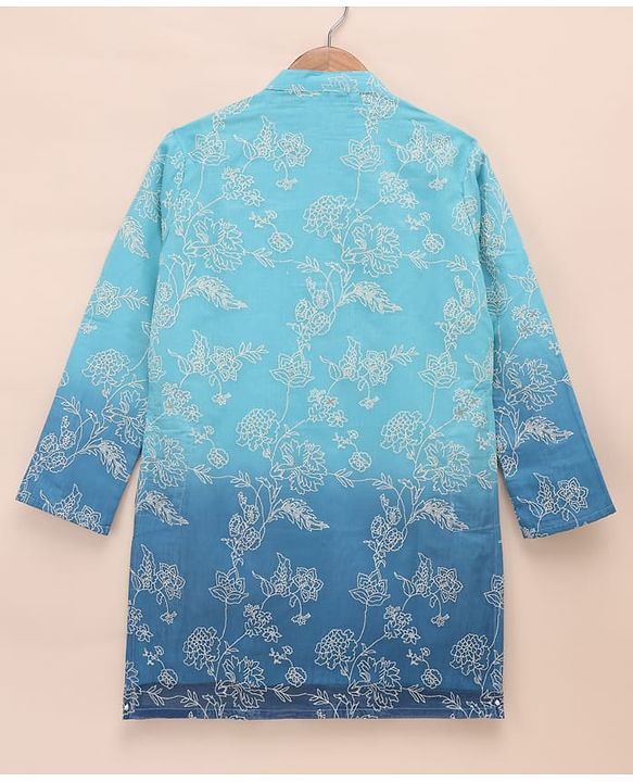Pine Kids Woven Full Sleeves Kurta & Pyjama Set with Floral Embroidery in Blue