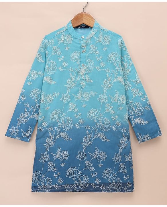Pine Kids Woven Full Sleeves Kurta & Pyjama Set with Floral Embroidery in Blue