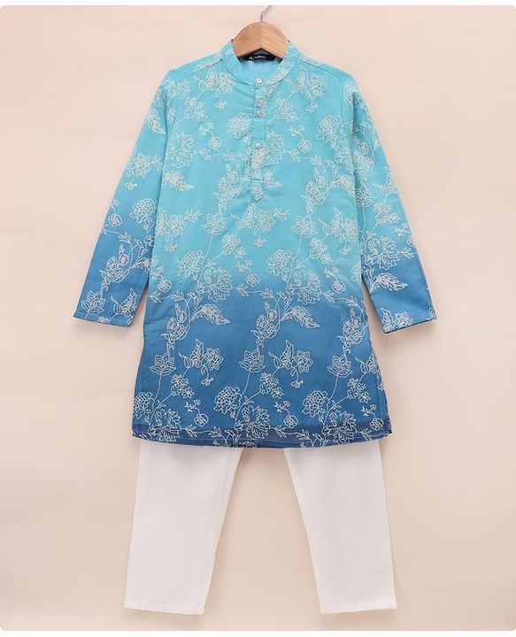 Pine Kids Woven Full Sleeves Kurta & Pyjama Set with Floral Embroidery in Blue