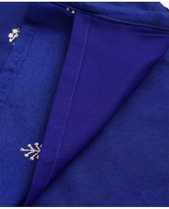Pine Kids Woven Full Sleeves Kurta Pyjama Set With Leaves Embroidery - Navy Blue