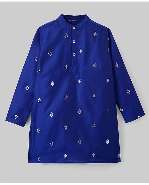 Pine Kids Woven Full Sleeves Kurta Pyjama Set With Leaves Embroidery - Navy Blue