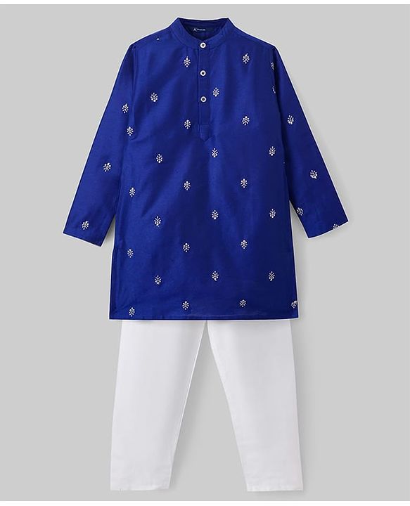 Pine Kids Woven Full Sleeves Kurta Pyjama Set With Leaves Embroidery - Navy Blue