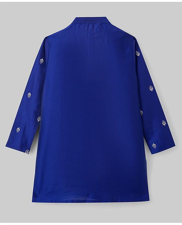Pine Kids Woven Full Sleeves Kurta Pyjama Set With Leaves Embroidery - Navy Blue
