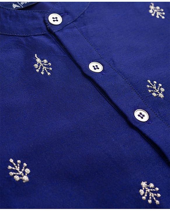 Pine Kids Woven Full Sleeves Kurta Pyjama Set With Leaves Embroidery - Navy Blue
