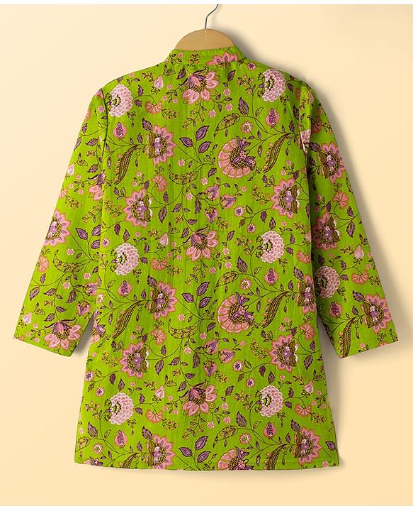 Pine Kids Cotton Woven Full Sleeves Floral Printed Kurta Pajama Set - Limegreen