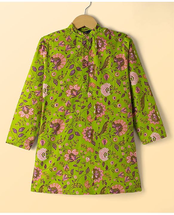 Pine Kids Cotton Woven Full Sleeves Floral Printed Kurta Pajama Set - Limegreen