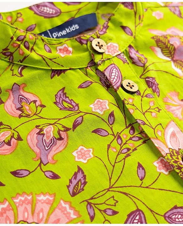 Pine Kids Cotton Woven Full Sleeves Floral Printed Kurta Pajama Set - Limegreen