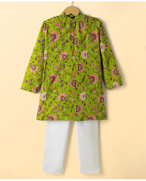 Pine Kids Cotton Woven Full Sleeves Floral Printed Kurta Pajama Set - Limegreen