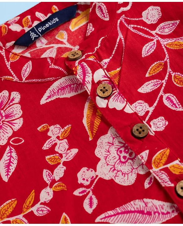 Pine Kids Cotton Woven Full Sleeves Kurta Pajama Set with Floral Print -Dark Red