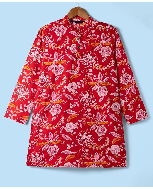 Pine Kids Cotton Woven Full Sleeves Kurta Pajama Set with Floral Print -Dark Red