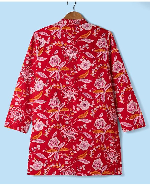 Pine Kids Cotton Woven Full Sleeves Kurta Pajama Set with Floral Print -Dark Red