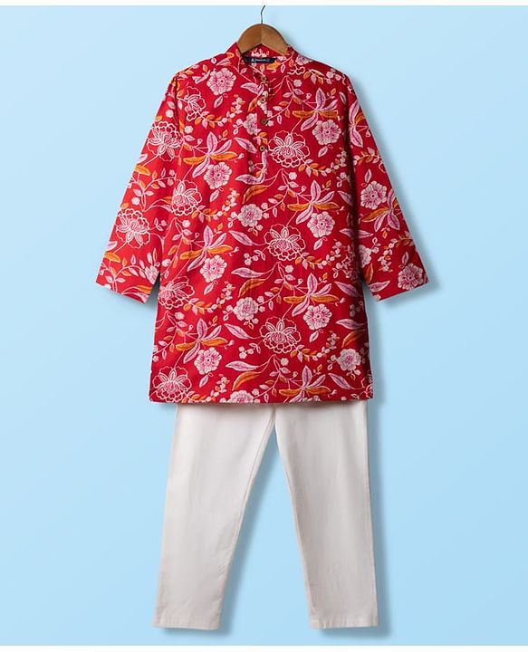 Pine Kids Cotton Woven Full Sleeves Kurta Pajama Set with Floral Print -Dark Red