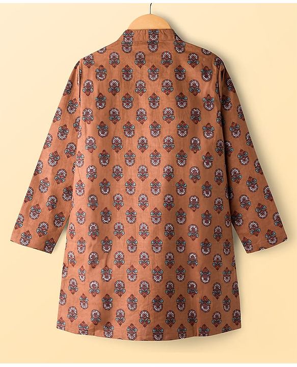 Pine Kids Cotton Woven Full Sleeves Floral Printed Kurta Pajama Set - Light Brown