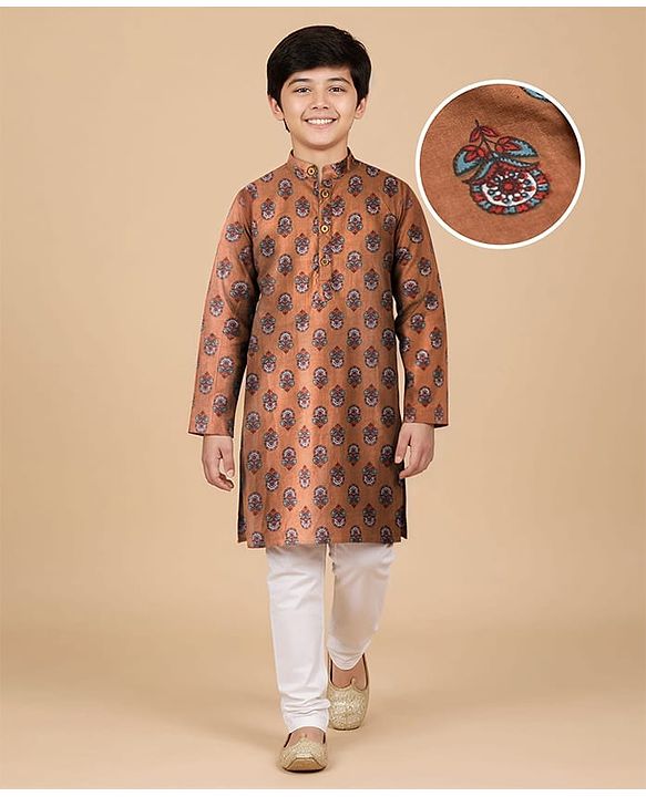 Pine Kids Cotton Woven Full Sleeves Floral Printed Kurta Pajama Set - Light Brown